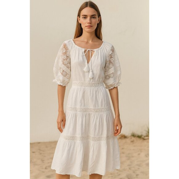 En Saison White Eyelet Midi Dress XS Boho Lace Peasant Summer Cottagecore Flowy - Picture 12 of 12